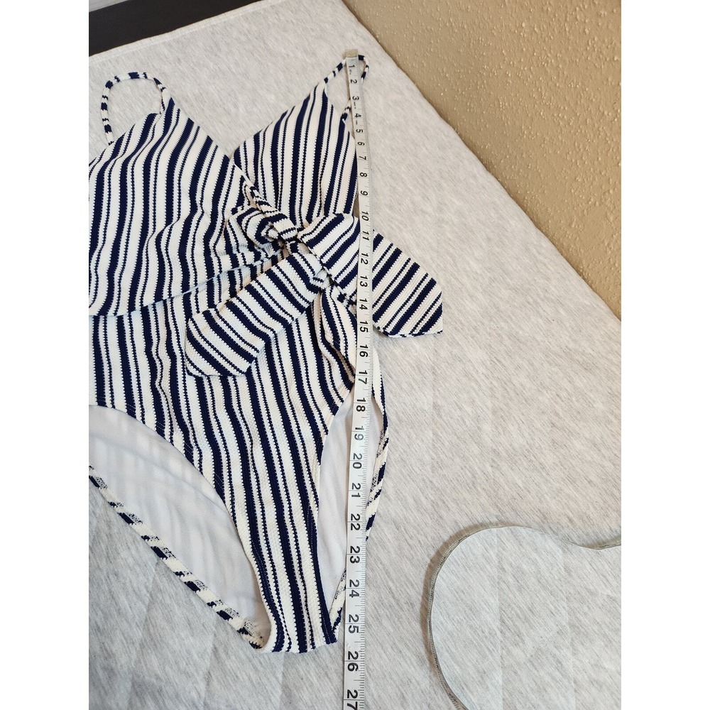 Molybell Womens Medium Navy Blue Striped One Piece Swimsuit Side Tie Wrap Front - Picture 6 of 6